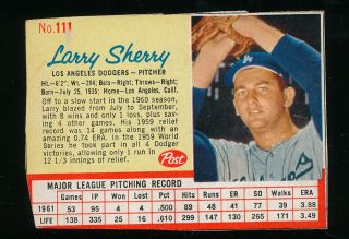 Larry Sherry Hand Cut 1962 Post Cereal Box Card 111 Red Stat Lines Vintage Abc