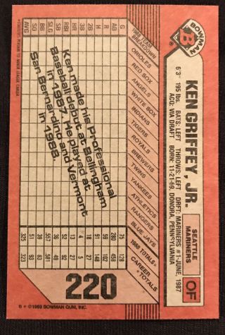 1989 BOWMAN KEN GRIFFEY JR.  ROOKIE BASEBALL CARD 220 NRMT/MT AWESOME CARD 2