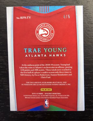 4/5 TRAE YOUNG 2018 - 19 Opulence Autograph Rookie Patch Auto Letter Tags Book RPA 2