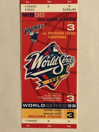 1998 World Series Game 3 Full Ticket Yankees San Diego Padres Qualcomm Stadium