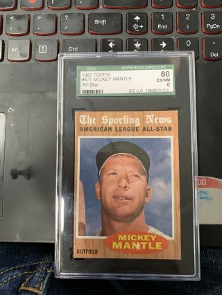1962 Topps 471 Mickey Mantle All Star Card Sgc 80/6 Ex/nm
