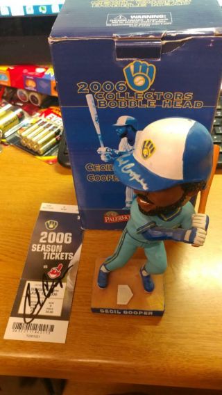 Rare Blue 2006 Mlb Milwaukee Brewers Cecil Cooper 15 Autographed Bobblehead