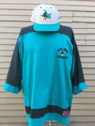 Men’s Vintage 90’s San Jose Sharks Jersey Shirt Size Large & Era Hat