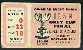 1959 Cfl Grey Cup Ticket Cne Stadium Winnipeg Blue Bombers Hamilton Tiger - Cats
