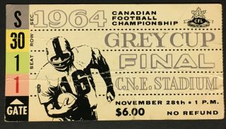 1964 Cfl Grey Cup Ticket Cne Stadium Bc Lions Vs Hamilton Tiger - Cats