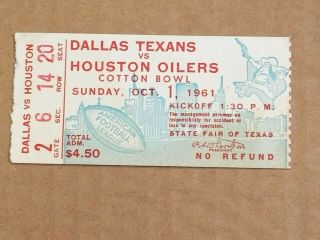 Afl Football Ticket - Houston Oilers At Dallas Texans - 1961