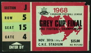 1968 Cfl Grey Cup Ticket Cne Stadium Ottawa Rough Riders Calgary Stampeders