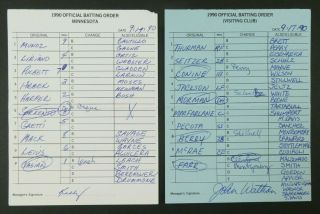 Minnesota 9/17/90 Game Lineup Cards From Umpire Don Denkinger