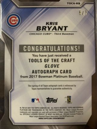 KRIS BRYANT 2017 Bowman Platinum Tools of the Craft RED AUTO serial ' d /7 2