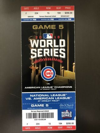 2016 Chicago Cubs Vs Cleveland Indians World Series Ticket Stub Game 5 Wrigley