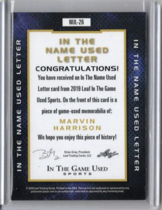 2019 Leaf ITG Game Marvin Harrison Game Worn Letter Jersey Patch /8 1/1 2