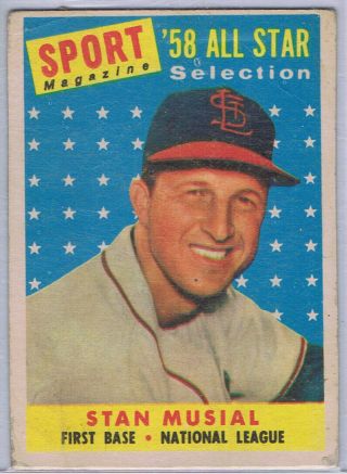 Vintage Baseball,  1958 Topps 476 Stan Musial,  As,  Of St.  Louis Cardinals,  Hof,  Vg,  - Ex