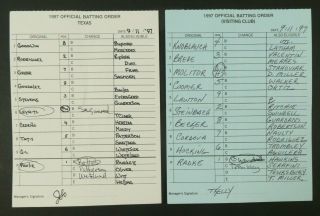 Texas 9/11/97 Game Lineup Cards From Umpire Don Denkinger