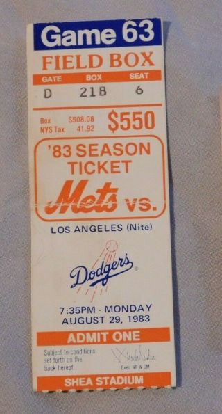 1983 York Mets Vs Los Angeles Dodgers Ticket Stub 8/29/83 Tom Seaver