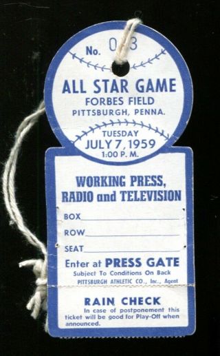 1959 Major League Baseball All Star Game Press Pass Ticket Forbes Field 23480