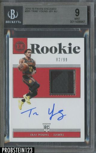 2018 - 19 Panini Encased Trae Young Rc Rookie Jersey Auto 82/99 Bgs 9