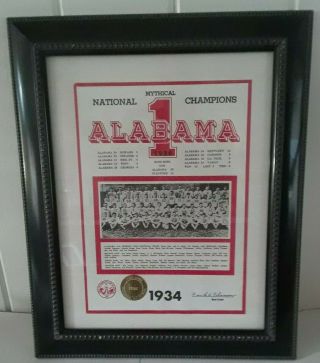 Alabama National Champions 1934 Framed W/rare Gold Rose Bowl Seal Bear Bryant Fs