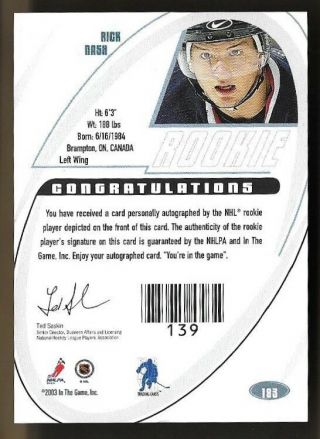 2002 / 2003 RICK NASH In The Game Signature Rookie Autograph Auto RC Rare SP HOF 2