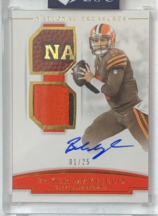 2018 National Treasures Baker Mayfield Rookie Dual Patch Auto Rpa 1/25 Browns