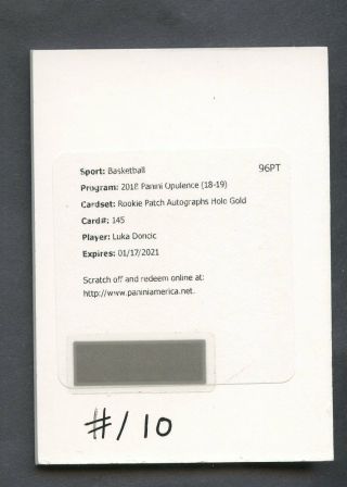 2018 - 19 Panini Opulence Holo Gold Luka Doncic Rc Rookie Auto Redemption Card