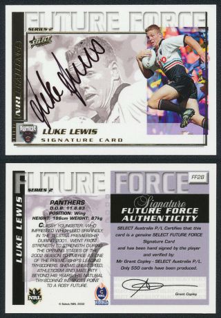 Luke Lewis Authentic Signature 2002 Select Future Force 2 Nrl Card Ff28