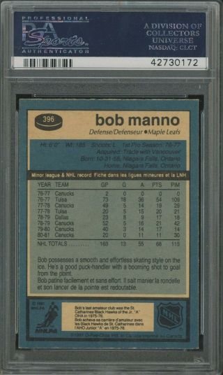 1981 O - Pee - Chee OPC 396 Bob Manno Maple Leafs PSA 10 