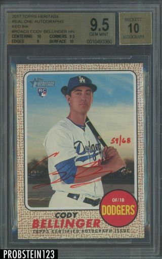2017 Topps Heritage Real One Cody Bellinger Rc Red Ink Auto /68 Bgs 9.  5