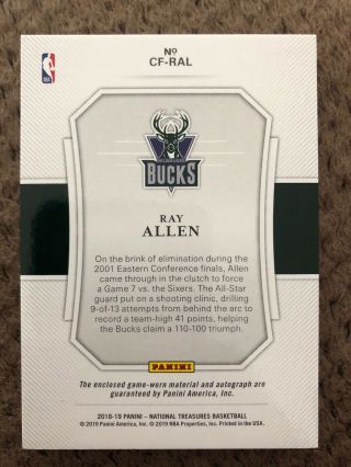 2018 - 19 National Treasures RAY ALLEN Auto Jersey Patch Clutch Factor d /49 2