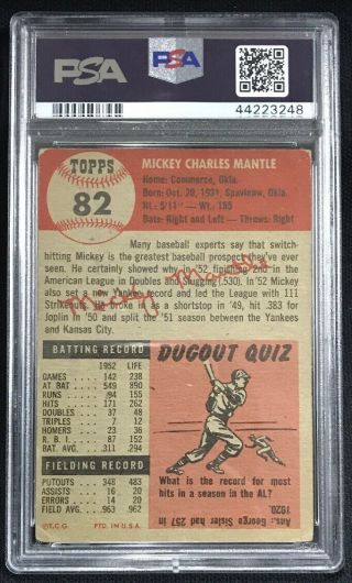 1953 Topps 82 Mickey Mantle Yankees PSA 2.  5 Good, 3