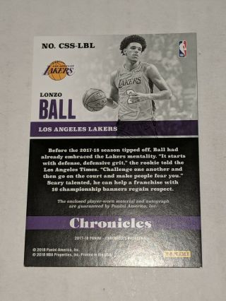 2018 Chronicles Lonzo Ball Autograph Material 76/99 2