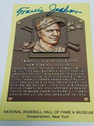 Travis Jackson Autographed Hall Of Fame Hof Yellow Plaque Postcard