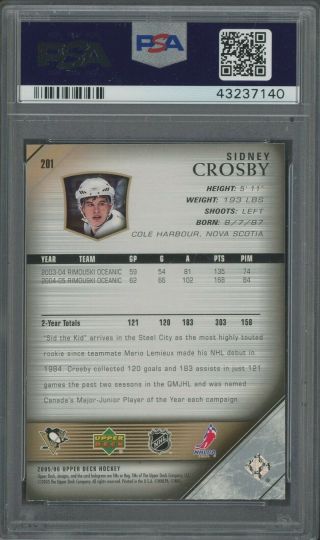 2005 - 06 Upper Deck Young Guns 201 Sidney Crosby Penguins RC Rookie PSA 10 2