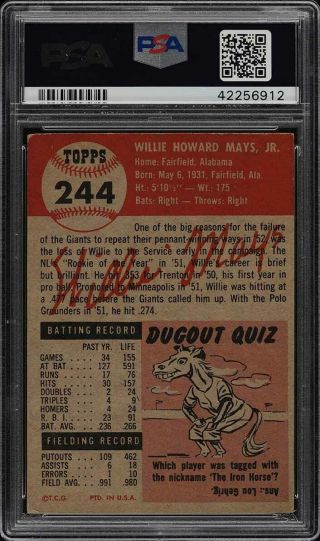 1953 Topps Willie Mays SHORT PRINT 244 PSA 4 VGEX (PWCC) 2