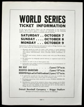 1945 Detroit Tigers World Series Ticket Advertising Briggs Stadium Handbill