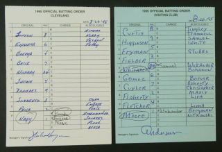 Cleveland 8/26/95 Game Lineup Cards From Umpire Don Denkinger