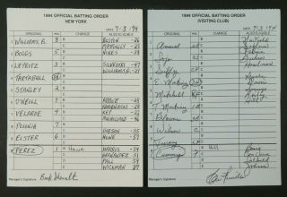 York 7/3/94 Game Lineup Cards From Umpire Don Denkinger