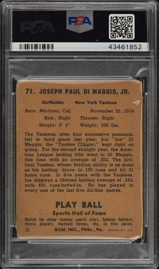 1941 Play Ball Joe DiMaggio 71 PSA 2.  5 GD,  (PWCC) 2