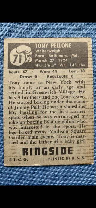 1951 Topps Ringside Tony Pellone 71 Boxing Card Ex, 2
