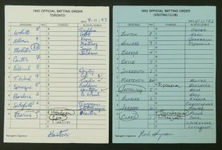 Toronto 4/11/93 Game Lineup Cards From Umpire Don Denkinger