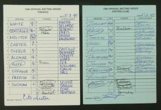 Toronto 5/3/95 Game Lineup Cards From Umpire Don Denkinger