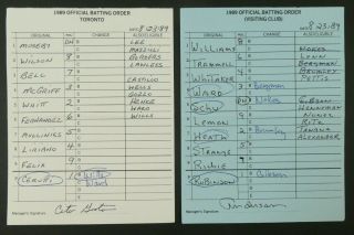Toronto 8/23/89 Game Lineup Cards From Umpire Don Denkinger