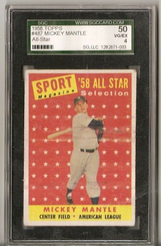 1958 Topps Mickey Mantle All Star 487 Sgc 50 Vg - Ex 4