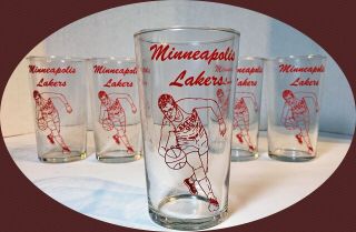 Rare Vintage Minneapolis Lakers Set Of 5 George Mikan Glasses - Never Washed