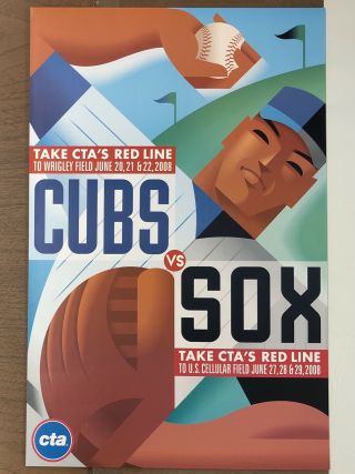 2008 Chicago Cta Red Line Train Poster Baseball White Sox & Cubs Crosstown Promo