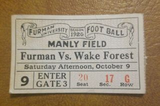 Furman University Vs.  Wake Forest Football Ticket Manly Field 1927 Exc
