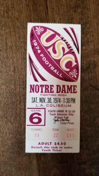 1974 Notre Dame @ Usc Trojans Ticket Stub 55 - 24 The Comeback Anthony Davis