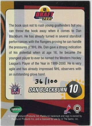 2001 - 02 Be A Player Draft Redemption Dan Blackburn RC 10th Pick (36/100) Rangers 2