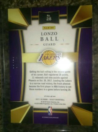 /75 Lonzo Ball Rookie 2017 - 18 Select Orange Prizm Refractor Lakers Non Auto RC 2