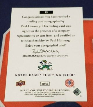 2011 Upper Deck College Football Legends Paul Hornung Auto Notre Dame 2