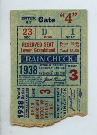 1938 Baseball World Series Ticket Game 3 At Yankee Stadium